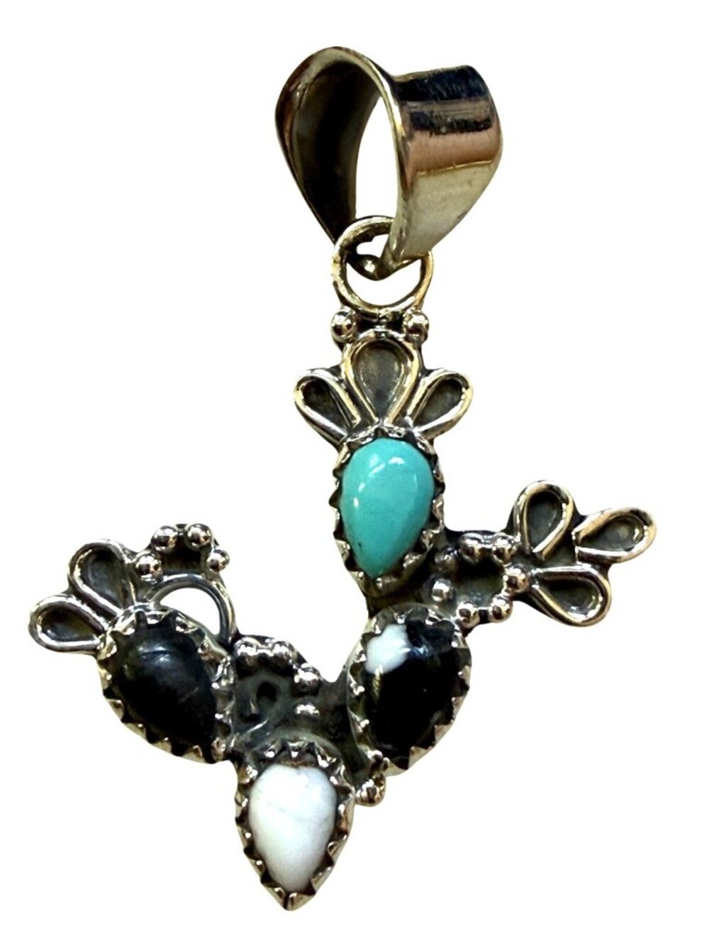 Sterling Silver Cactus Pendant With White Buffalo & Turquoise Stones